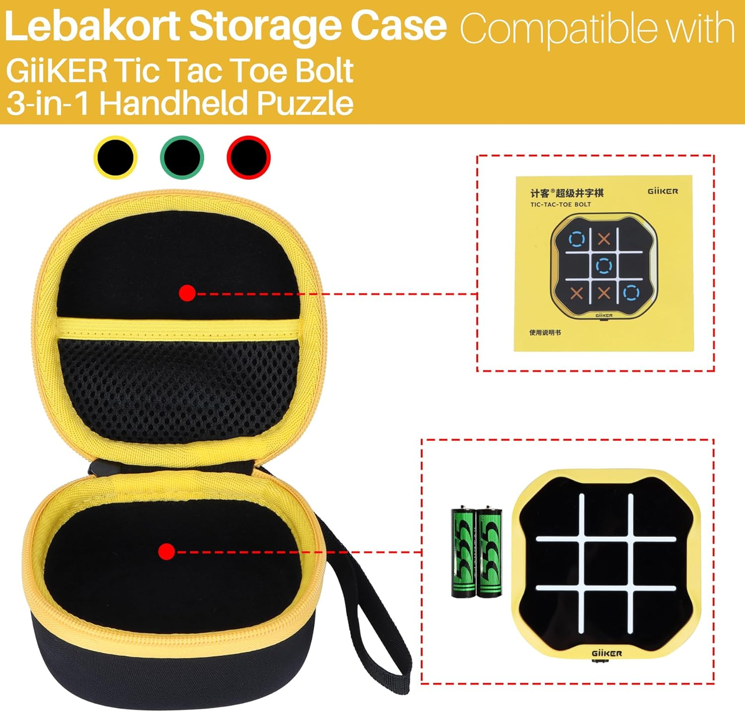 Lebakort Hard Case for Giiker Tic Tac Toe Bolt Portable 3-In-1 Puzzle Game Console, Black and Yellow Zip image number 6