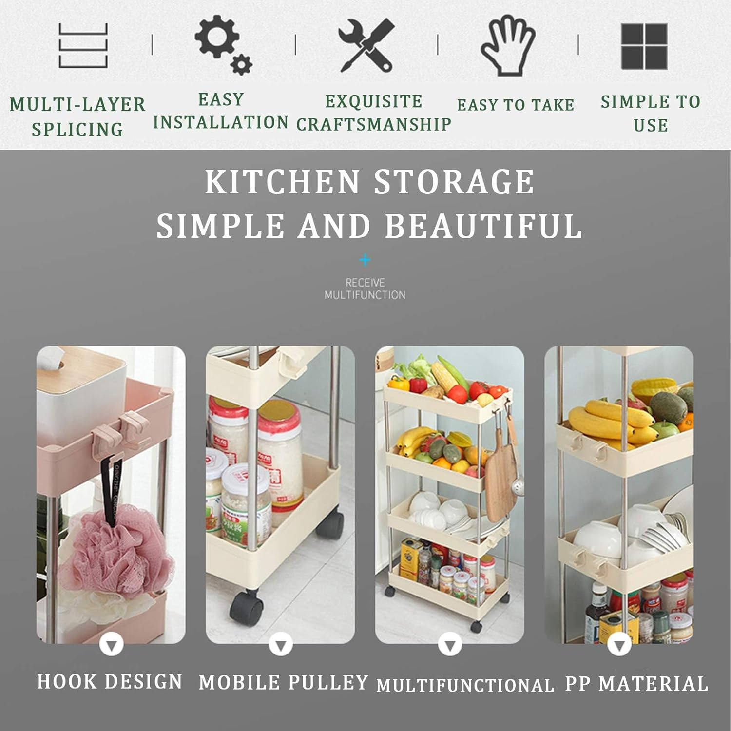 Storage Cart 4 Tiers Unit Shelf Rack with Wheels Slim Cart Tower Organizer for Kitchen Plastic & Stainless Steel White image number 2