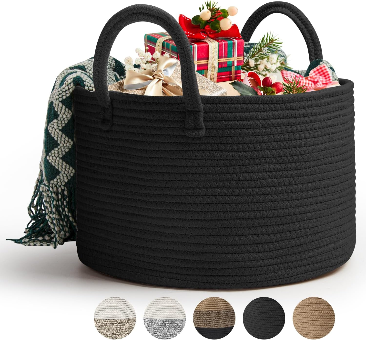 Woven Cotton Rope Laundry Basket 40 X 25Cm Woven Clothes Storage Basket 32L Decorative Cotton Rope Blanket Basket Collapsible Laundry Hamper with Handle, for Laundry Room(Black)