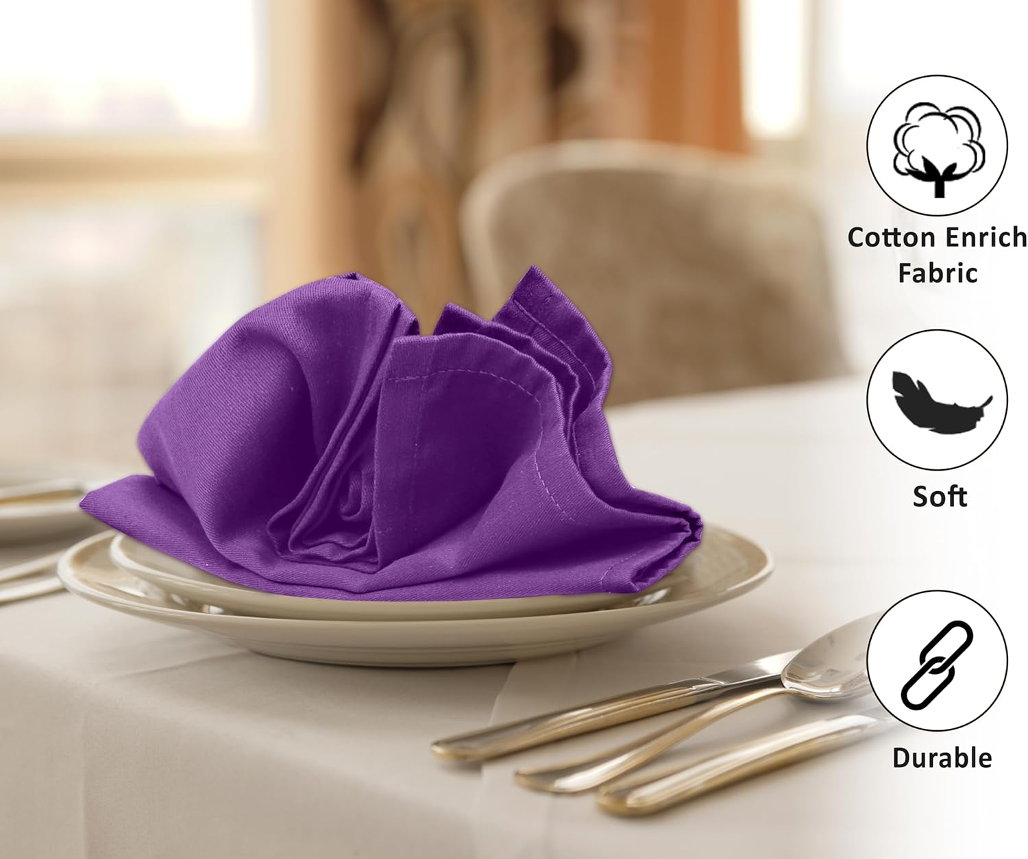 Ruvanti Cloth Napkins Set of 12, 18X18 Inches Napkins Cloth Washable, Soft, Durable, Absorbent, Cotton Blend. Table Dinner Napkins Cloth for Hotel, Lunch, Restaurant, Wedding Events, Parties - Purple image number 3