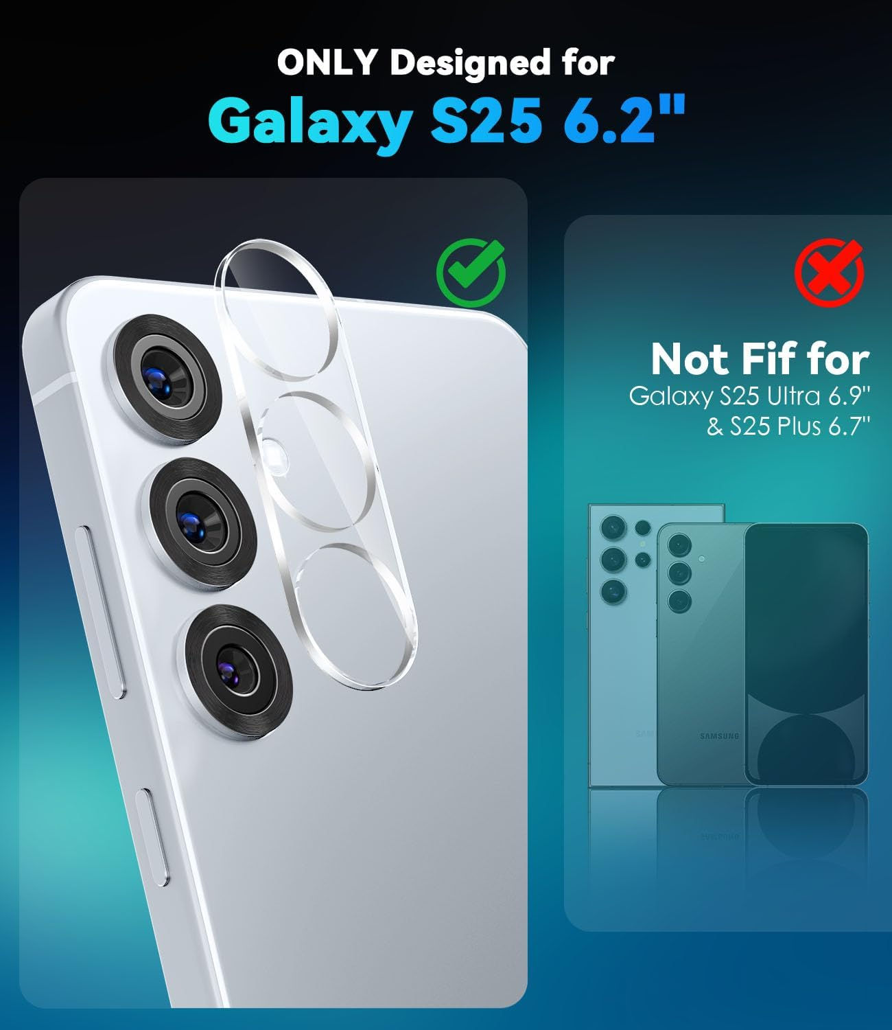 Cloudvalley [3 Pack] Camera Lens Protector for Samsung Galaxy S25, 9H Tempered Glass Lens Cover, Anti-Scratch & Case Friendly [Not Affect Flash & Night Shot],Clear