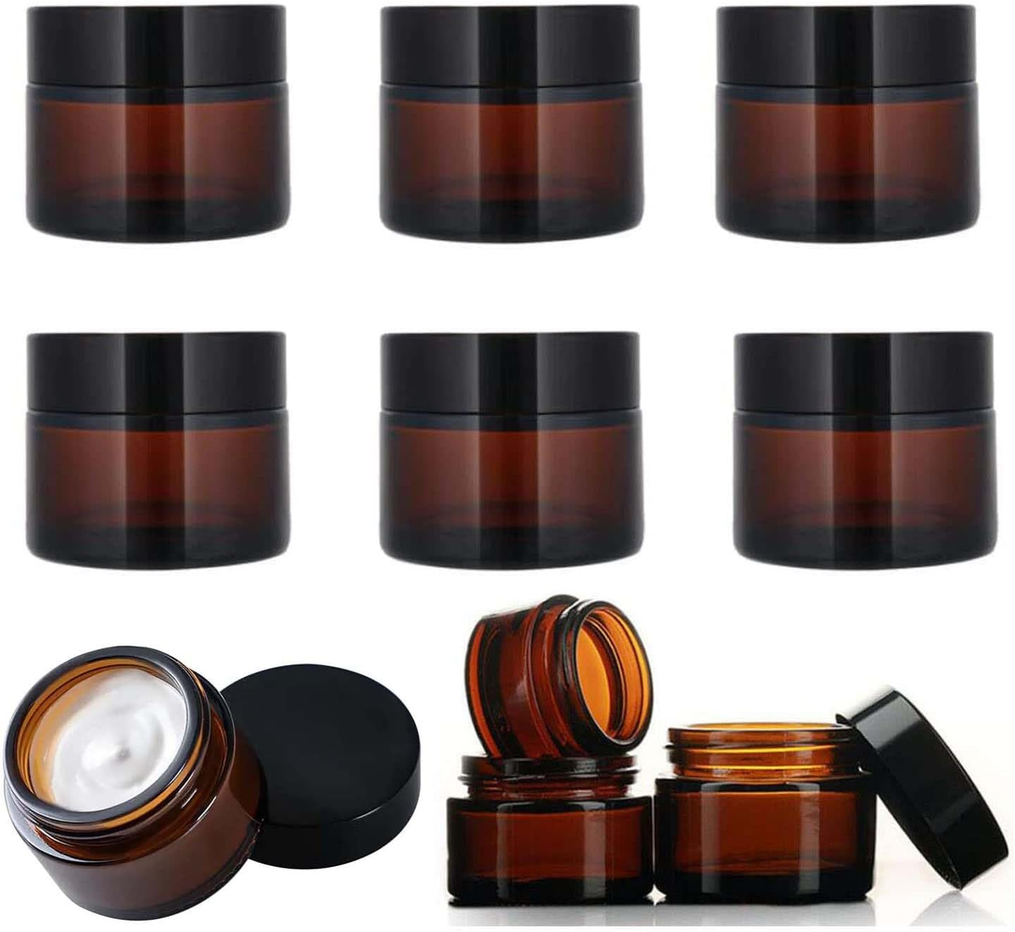 FRAKMU 6PCS 1Oz Amber Glass Jars, Empty Cosmetic Lotion Containers with Inner Liners and Black Lids, Small Containers with Lids for Creams, Mini Cosmetic Jars, Travel Size Bottles for Beauty image number 6