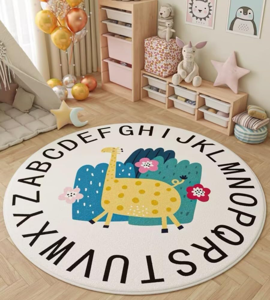 Kids Play Rug 100Cm, Kid Rugs Animal Play Rug, ABC Giraffe Educational Washable round Area Rug, Kids Nursery Door Mat Soft Plush Non-Slip Childrens Carpet for Bedroom Living Room Kids Playroom image number 4