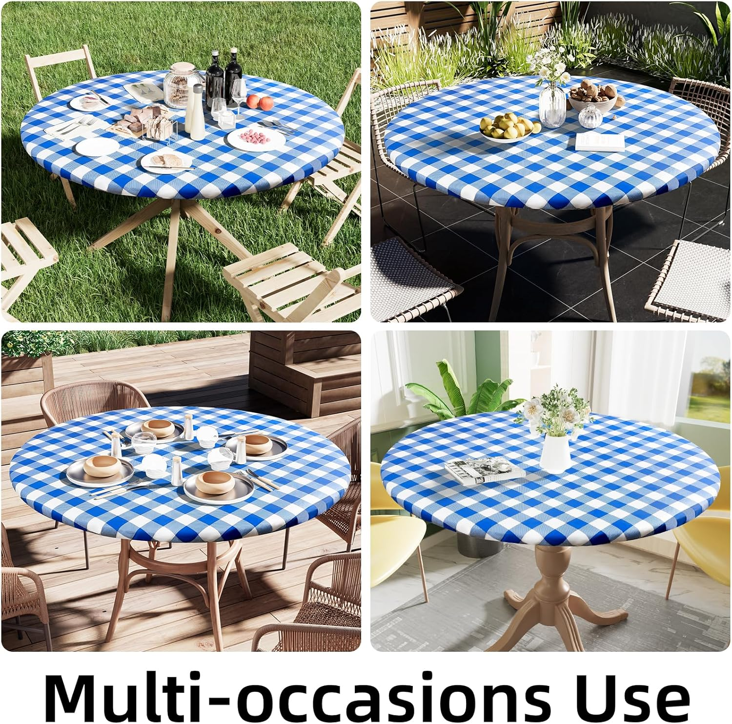 Smiry round Picnic Table Cloth, Elastic Waterproof Fitted Vinyl Tablecloth for 36"-44" Tables, Flannel Backed Buffalo Plaid Table Covers for Dining, Camping, Outdoor, White and Blue image number 1
