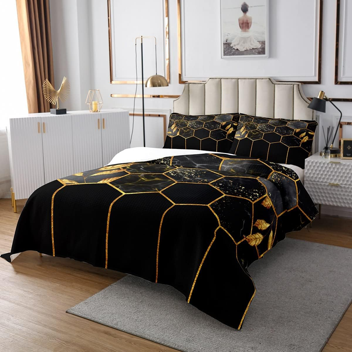 Marble Bedspread Set 240 X 260 Cm, Black Grey Geometric Gold Plaid Bed Linen Set, Modern Luxury Diamond Quilt Set with Metallic Stripe Printed Beehive Hexagon Grid Coverlet Set, Honeycomb