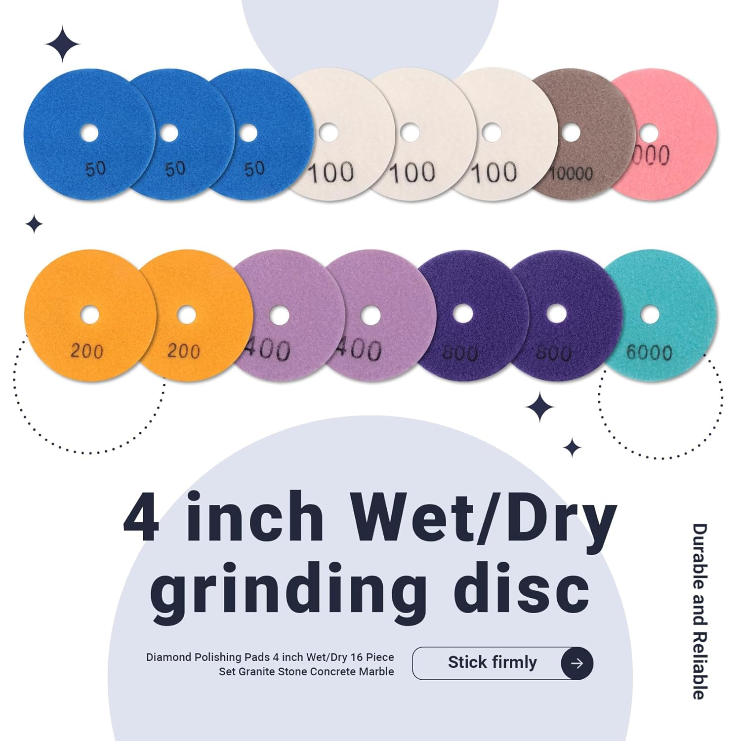 16Pcs Polishing Pads Kit 4 Inch 100Mm Wet/Dry for Stone Concrete Marble Polishing Use Grinding Discs Set image number 2