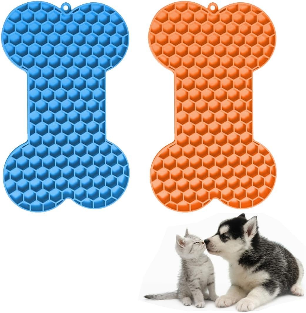 EIH Pack of 2 Dog Lick Mat with Suction Cup, Lick Mat Dog Bpa-Free, Lick Mat Cat, Slow Feeder Dog Lick Mat, Bone Shape, Dog Toy, for Dog Bathing, Training, Grooming and Claw Care, Red, Cm
