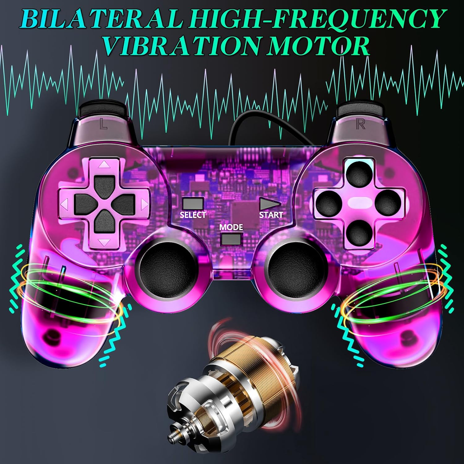 Wired Controller for PS2 Double Shock, 2 Pack Gamepad Remote Compatible with Play Station 2 (Clear Purple and Clear Grean) image number 3