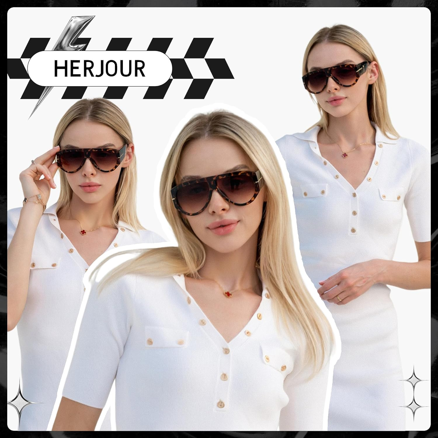 HERJOUR Oversized Retro Aviator Sunglasses Womens Mens 70S Classic Vintage Sun Glasses AR82227 - Deep Black+Black/Green image number 4