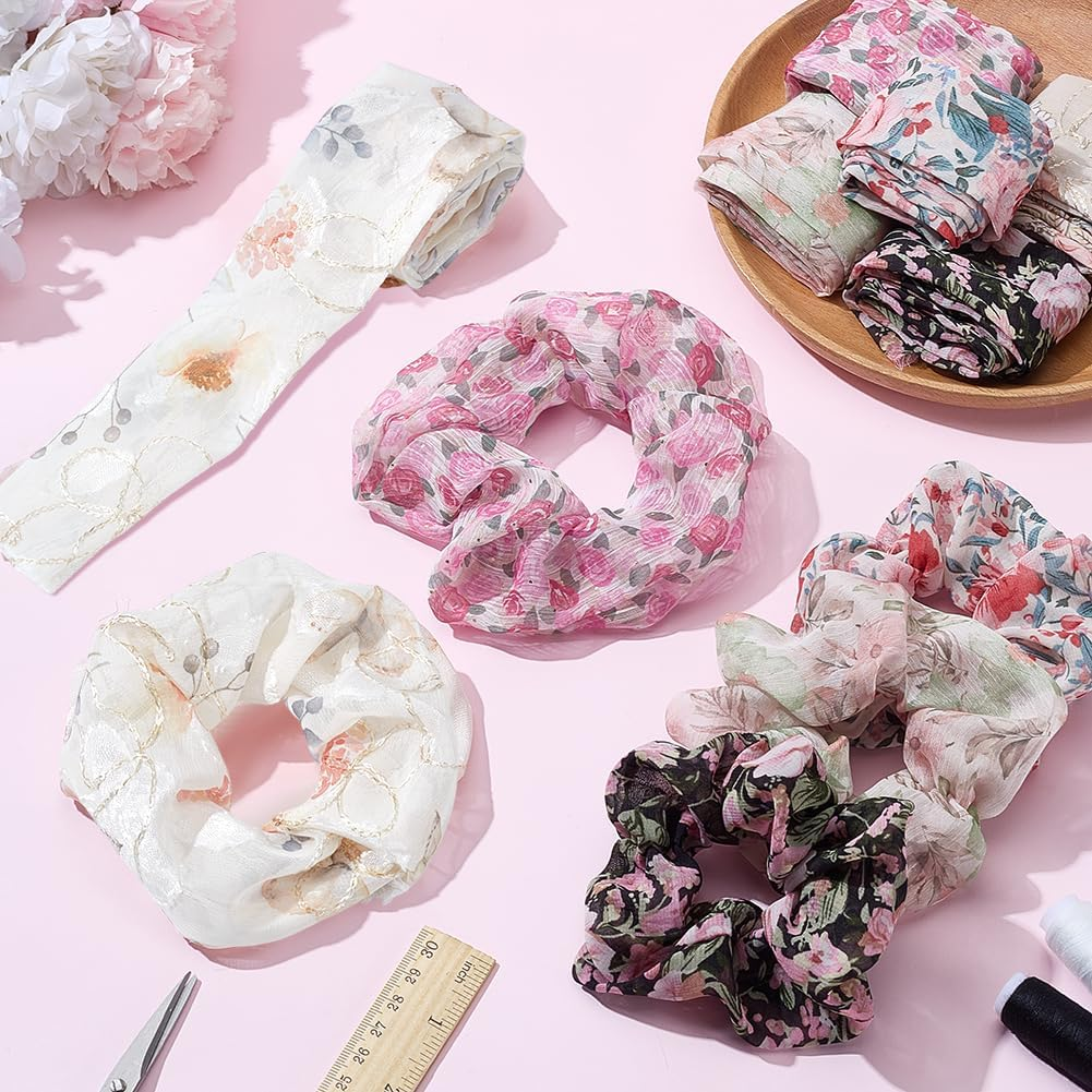 PLIGREAT 12 Pieces Floral Hair Scrunchies Making Kit DIY Fashion Flower Cloth Fabric Hair Ties Elastic Hair Bands for Women Ponytail Holders Handmade Crafts DIY Hair Scrunchies Supplies image number 3