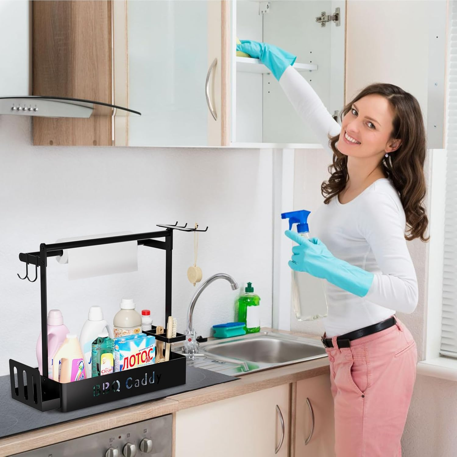 ZDDLOINP Grill Caddy with Paper Towel Holder, Plate Cutlery & Flatware Organizer, Picnic Condiment Caddy with 4 Hooks for Outdoor Barbecue Accessories image number 1