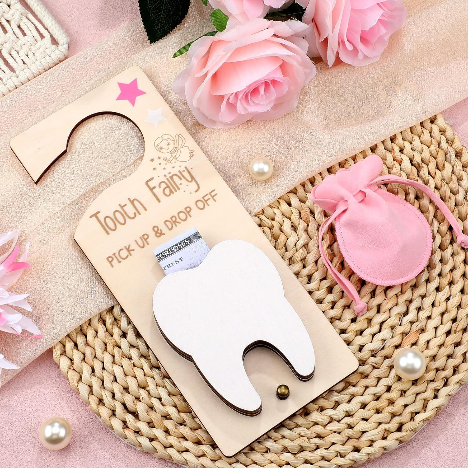 3Pcs Tooth Fairy Tooth Holder Bag Tooth Fairy Door Hanger with Money Slot Keepsake Bottle Velvet Pouch Tooth Fairy Box Encourage Lost Teeth Boy Girl Milk Teeth(Pink) image number 2