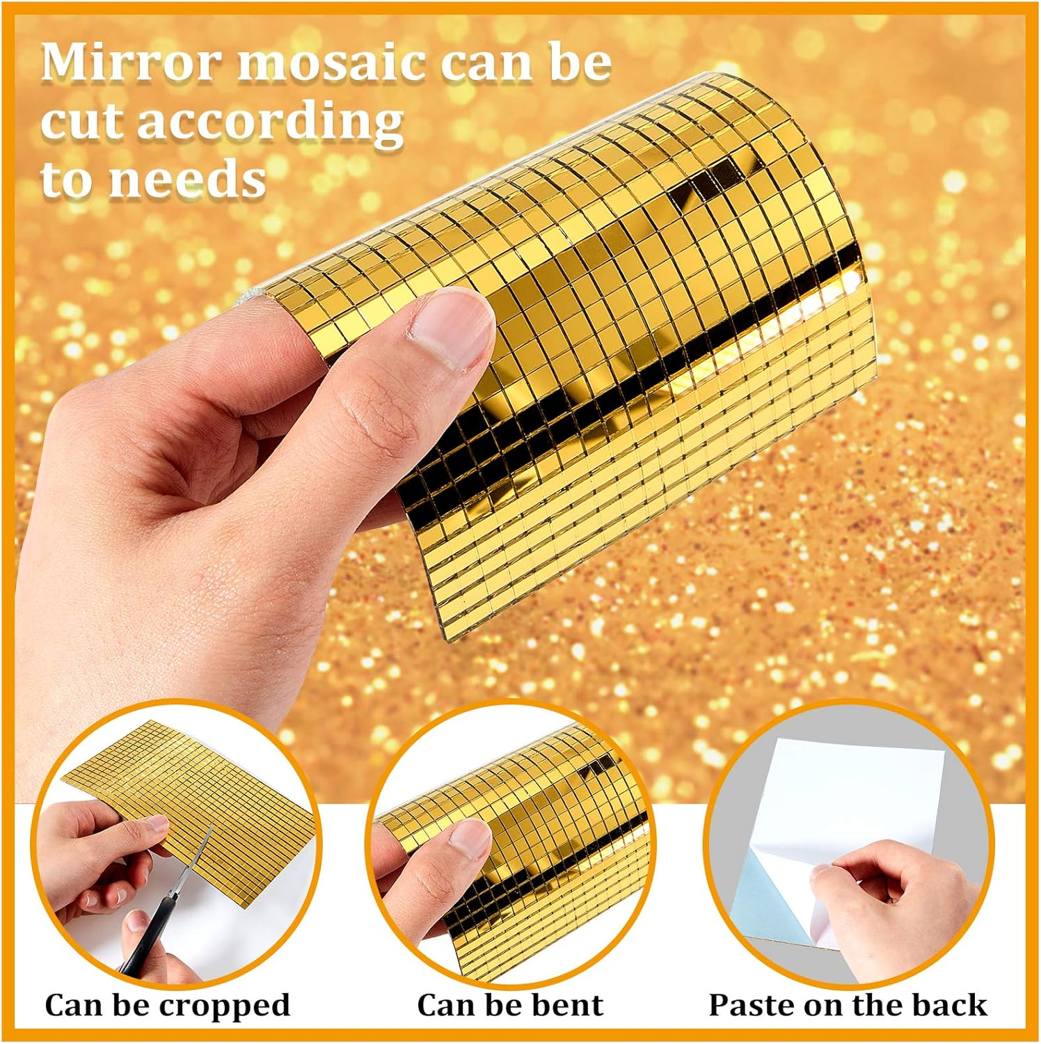Geiserailie 3600 Gold Disco Ball Mirror Tiles, Self-Adhesive Real Glass Mosaic Tiles, DIY Craft & Decoration, Peel & Stick, Modern Style, 15 X 10 Cm / 5.9 X 3.9 Inch, 0.2 Inch Thick, 3600 Pieces image number 2
