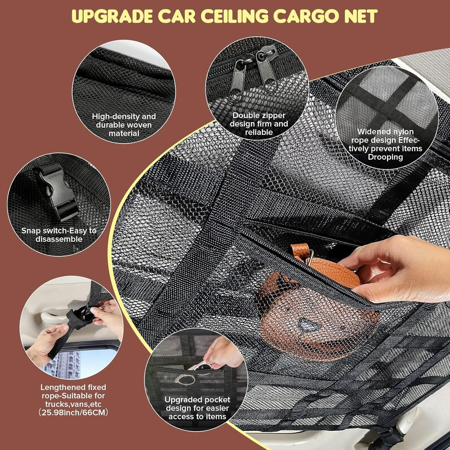 Car Ceiling Cargo Net Pocket, 21.6'' X 31.5'' Double Layer Mesh and Strengthen Load Bearing Car Roof Storage Organizer, for SUV, Trucks, Camping, Road Trip Essentials image number 3