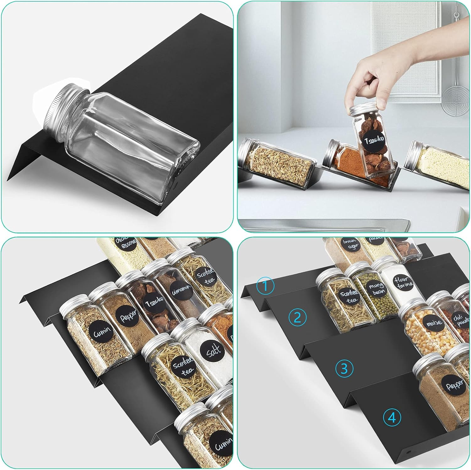 DEWVIE Spice Drawer Organizer, 4 Tier Stainless Steel Spice Rack Organizer Expandable from 13" to 26" for Cabinet Kitchen Seasoning Jars Drawers Insert (Jars Not Included) image number 4