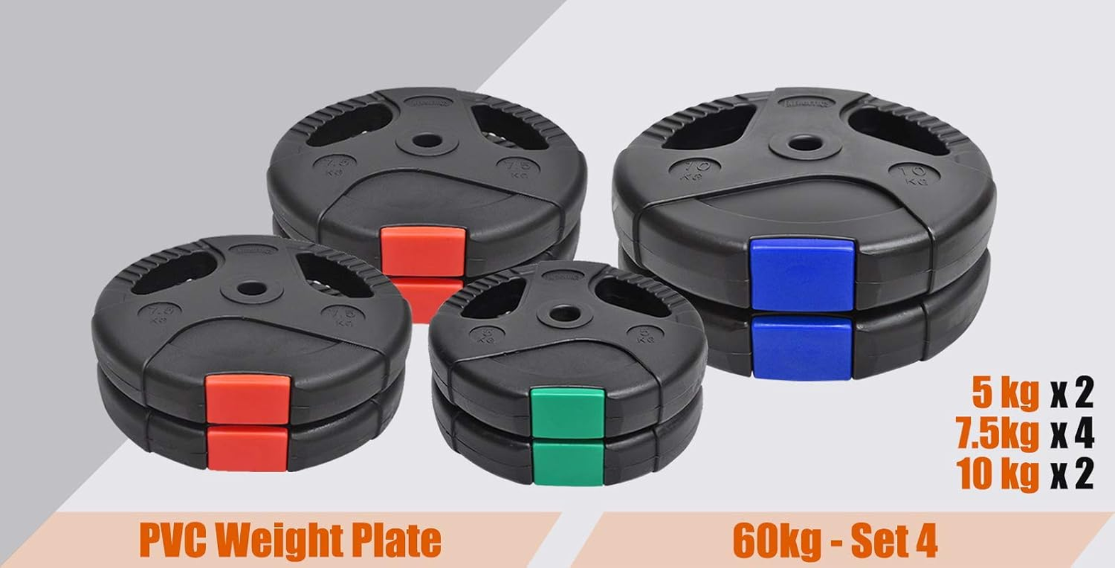 Weight Plates 60Kg - Weight Plates Set 5Kg X 2 + 7.5Kg X 4 + 10Kg X 2 - Standard 26.5Mm - - Dual Grip Ez Handle PVC Coated - Weight Training Exercise Workout Fitness Gym Strength image number 1