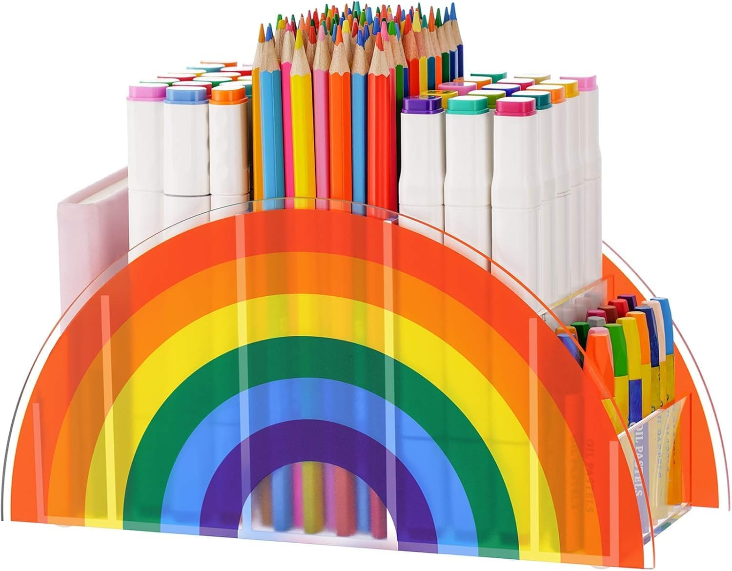 Pen Holder, Clear Desk Organizer, Pen Organizer for Desk, Cute 5 Compartments Pencil Holder, Desktop Stationery Organizer for Office Storage/School/Art Supplies/Home, Rainbow Colour image number 1
