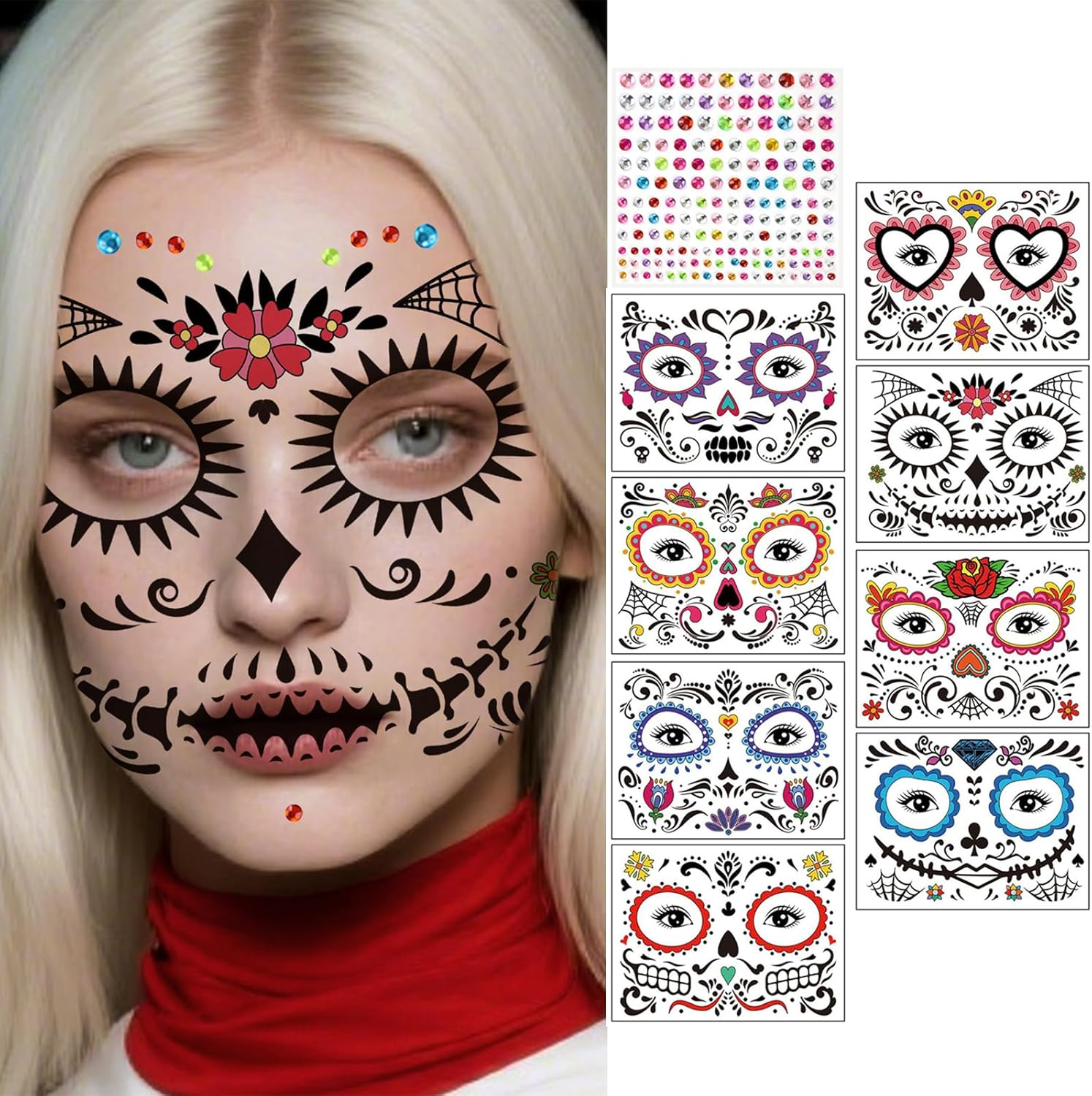 Pack of 8 Halloween Face Tattoos for Adults, Temporary Tattoos with Skull Vampire Motifs and 1 Rhinestone Tattoo, Pumpkin Costume Accessories for Cosplay Party image number 6