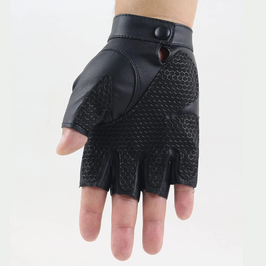 Fingerless Leather Men'S Half Finger Gloves Men'S Leather Non-Slip Motorcycle Driving Gloves - Black image number 4