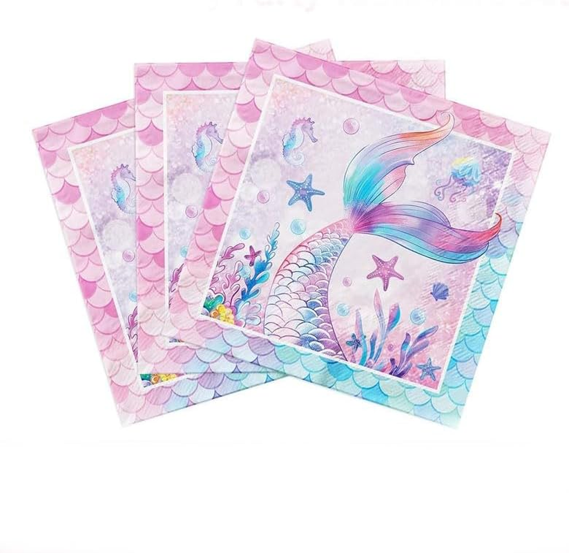 72Pcs Mermaid Disposable Tableware Birthday Paper Party Plates Napkins Set， Mermaid Birthday Party Tableware Serves 24 Guests image number 2