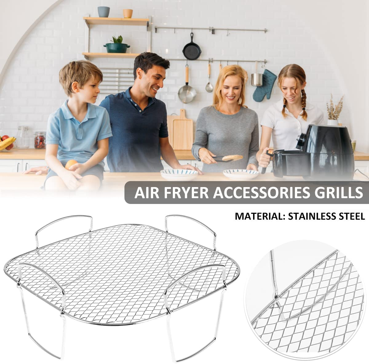 Air Fryer Rack Grilling Rack Stainless Steel Dehydrator Rack Multi-Purpose Cooking Rack Toast Rack Air Fryer Accessories Sturdy Square Rack Dishwasher Safe for Air Fryer Baking image number 2