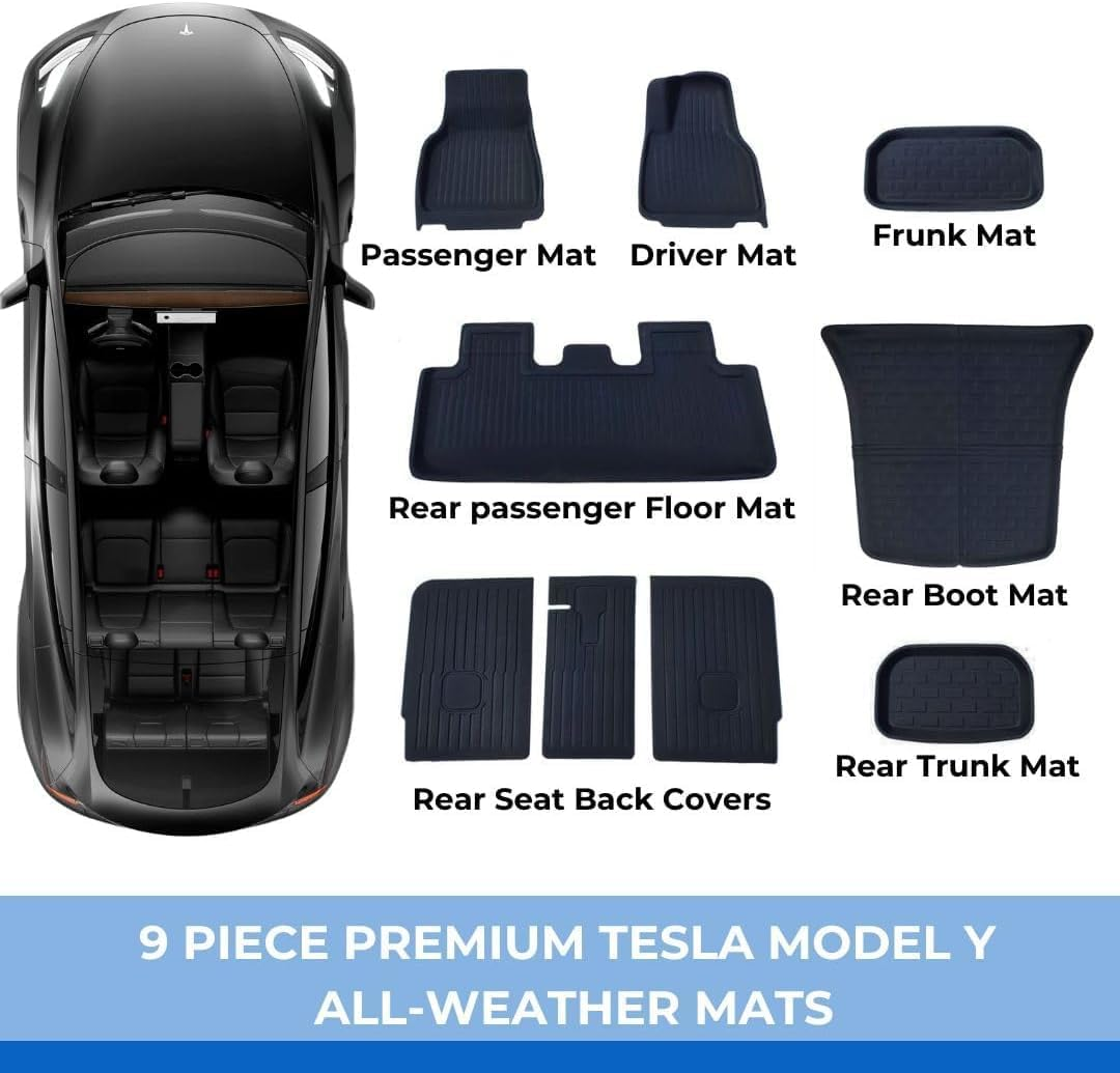 TESSERATI Juniper Tesla Model Y 3D Floor Mats Complete Premium Protection 9 Piece Set | 2025 Onwards Driver/Passenger/Rear Passenger/Boot/Frunk/Underboot/Fold down Seats (2025 Juniper Tesla Model Y)