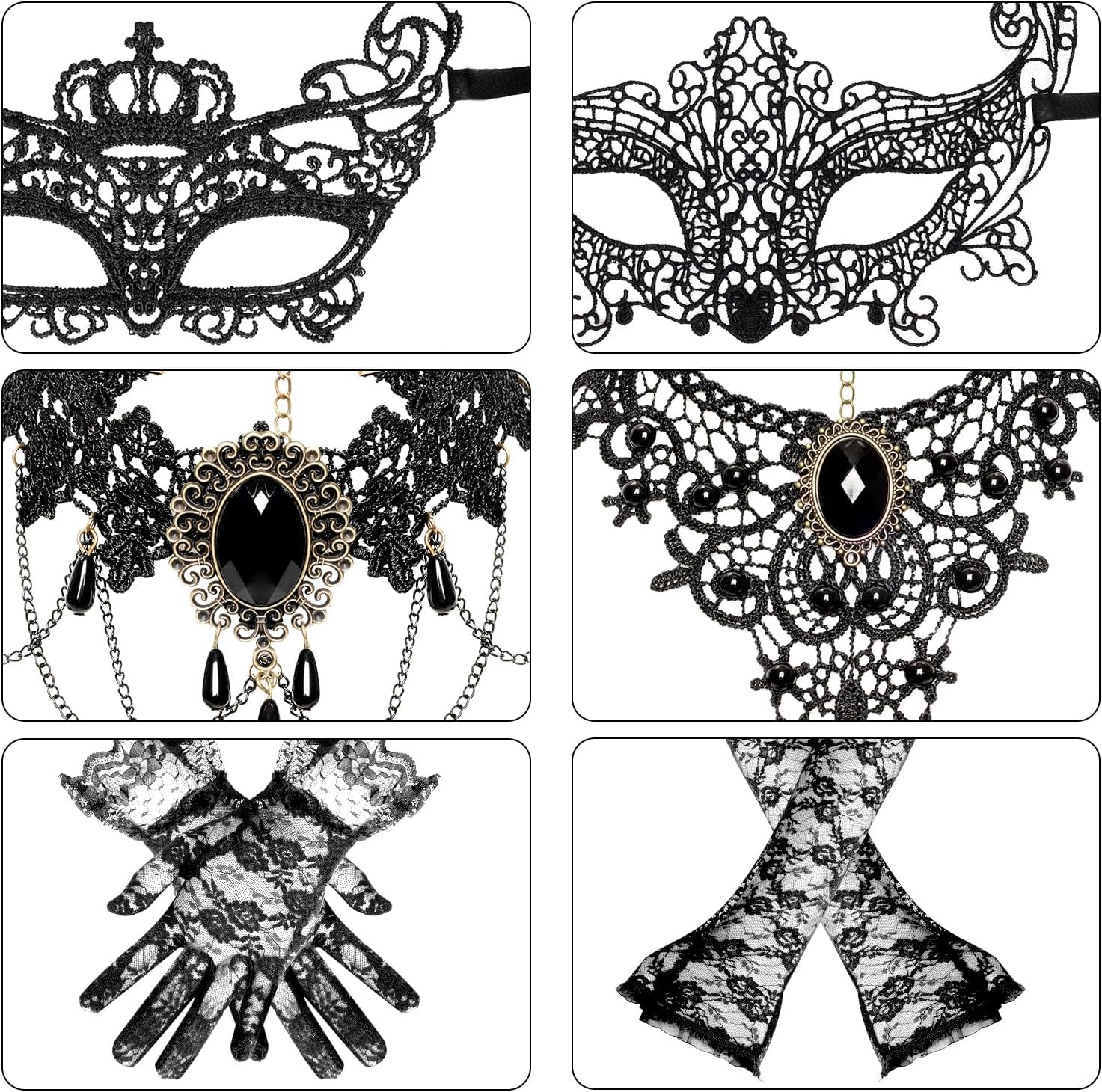 6 Pcs Masqueraders Mask Set Black Lace Eyemask Necklace Gloves Costume Accessories Party Halloween Jewelry for Women image number 4