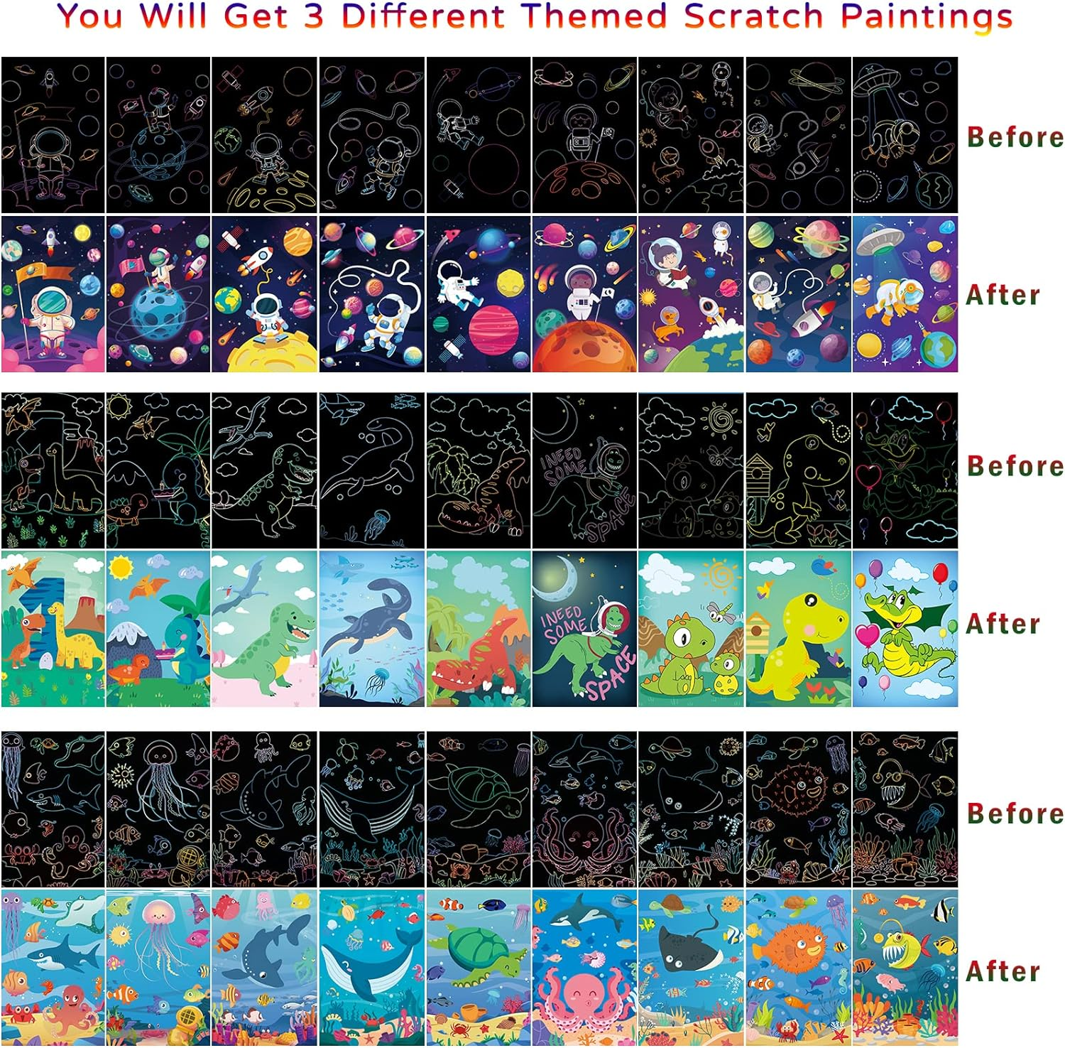 3 Set Magic Scratch Paper Art, Colorful Magic Drawing Art Book with 3 Scratch Pen for Kids, Dinosaurs/Underwater World/Spaceman