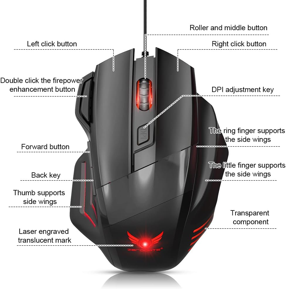 Gaming Mouse, Quiet Wired Mouse, RGB Backlight and 2400 Adjustable DPI, Ergonomic and Lightweight USB Computer Mouse with High Precision Sensor for Windows PC & Laptop Gamers (Black)