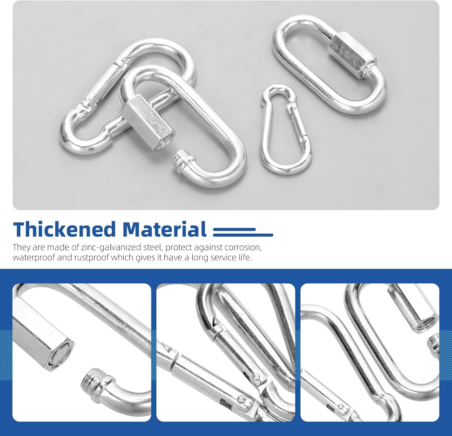 Glarks 30Pcs 2 Styles M3.5/4/5/6/7/8 Quick Link Chain Connector and Spring Snap Hooks Carabiner Set, 16Pcs D Shape Locking Carabiner and 14Pcs Spring Carabiner Clips for Camping, Riging image number 3