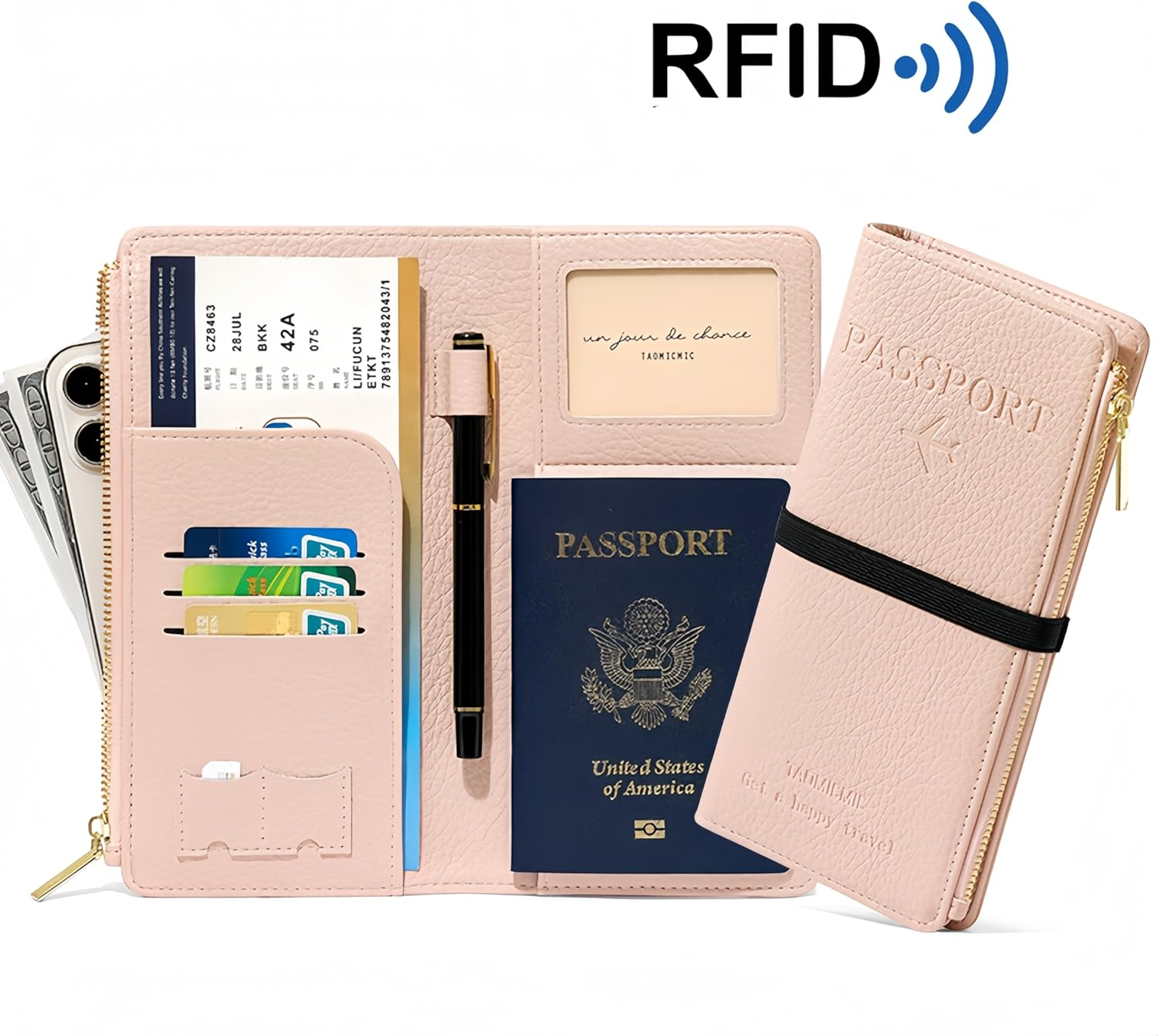 Rfid-Blocking Leather Travel Wallet & Passport Holder with Zipper Pocket, Card Slots, and Phone Compartment &ndash; Waterproof Travel Organizer for Women & Men. TG-1 (Black) - Brown image number 5