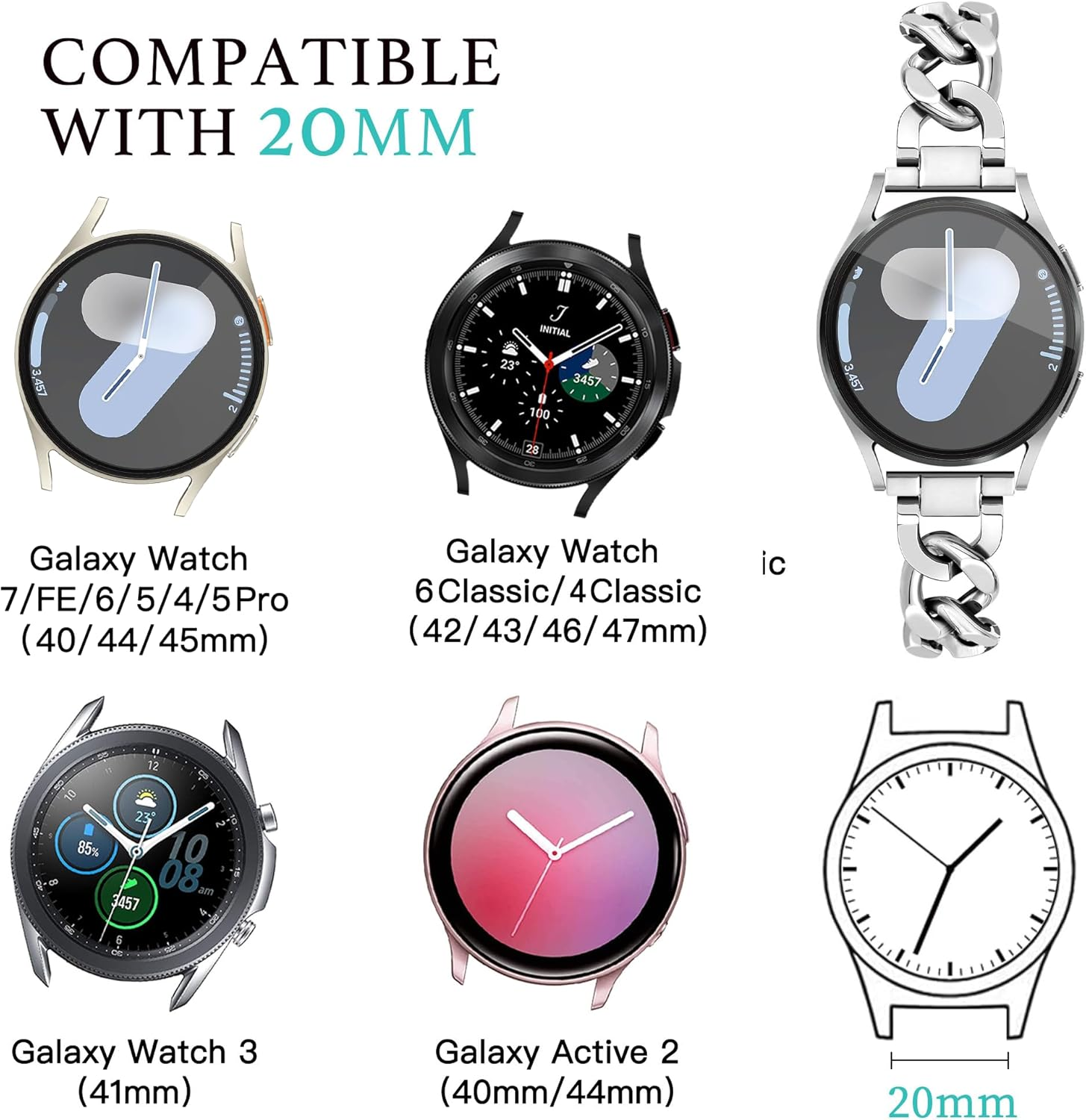 Ocaer Compatible with Samsung Galaxy Watch 7 & 6 Series & Watch 5 Pro & Active 2, Metal Band 20Mm (Silver) - A-Rose Gold image number 3