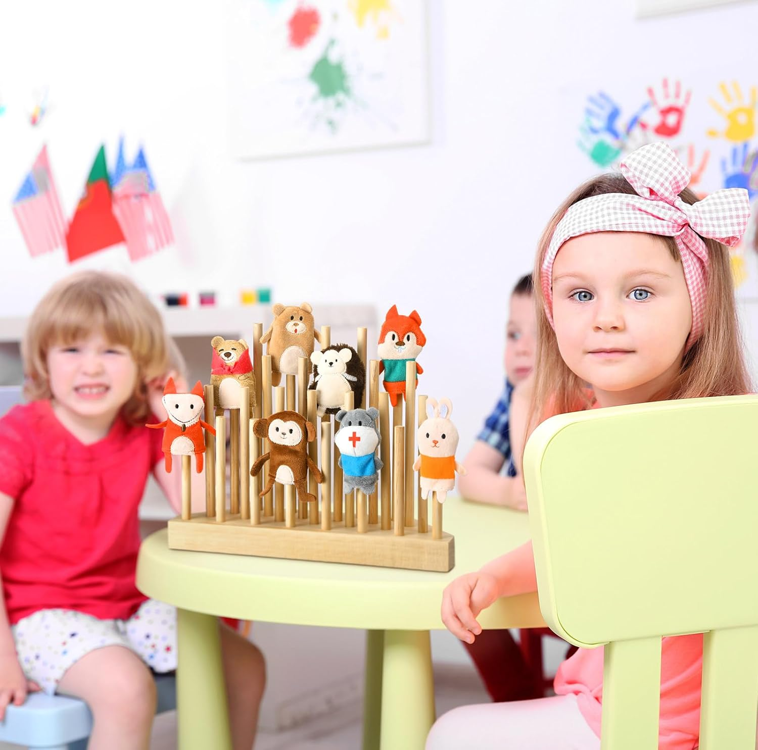 Finger Puppets Stand 11.8 X 3 Inch Wooden Finger Puppet Holder for Kids Toddlers Classroom Home anti Crush Stand for Storage and Easy Accessibility image number 4