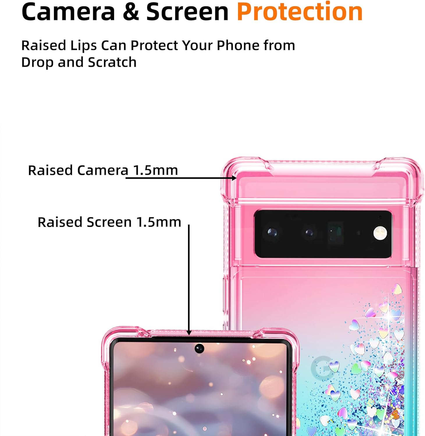 For Pixel 6 Pro Phone Case with Screen Protector*2, Clear Liquid Sparkle Glitter Floating Quicksand Phone Case, Soft TPU Bumper Shockproof Protective, Google 6 Pro Case for Women Girls, Pink/Blue image number 2