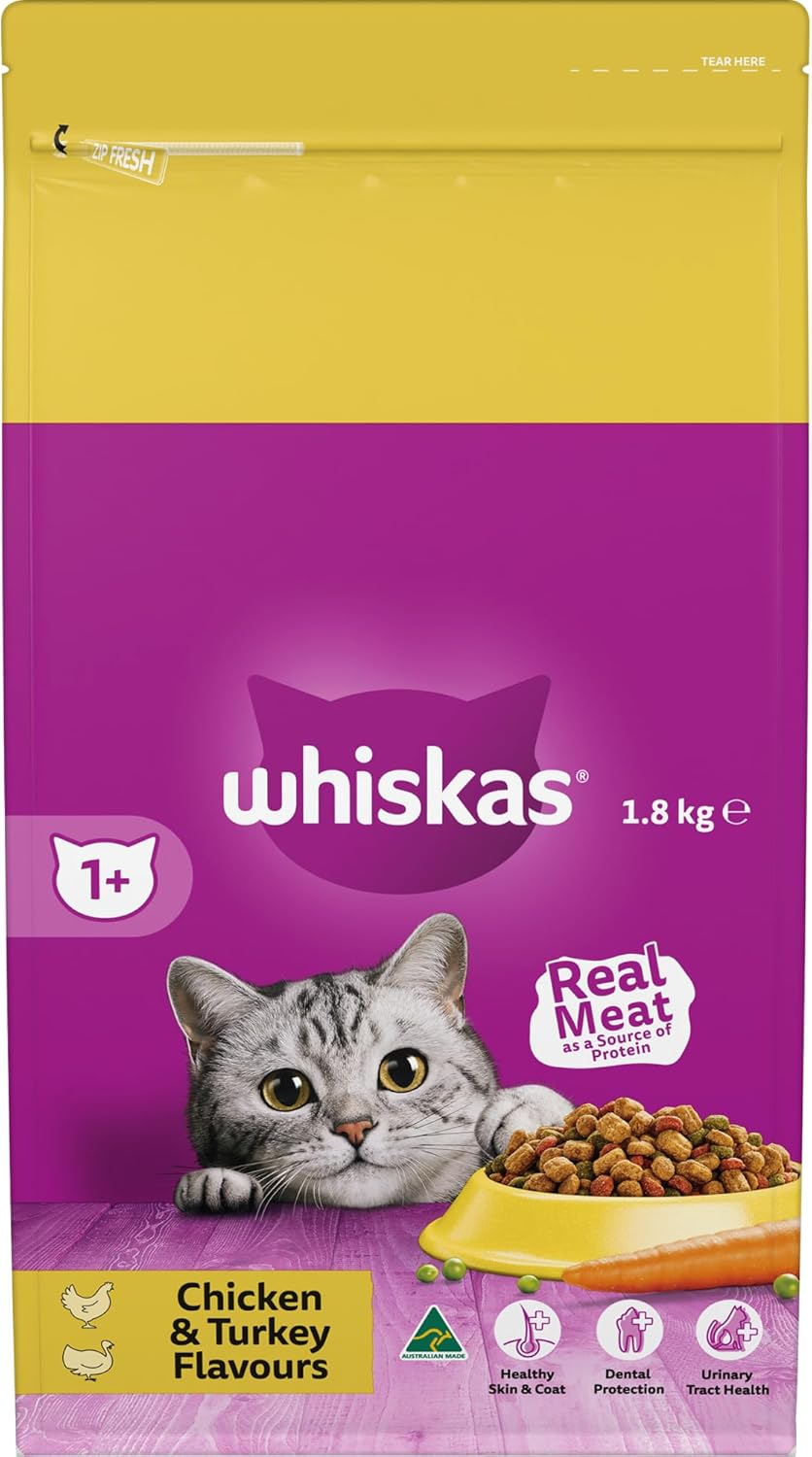 Whiskas Adult Dry Cat Food Chicken & Turkey 1.8Kg Bag, 4 Pack