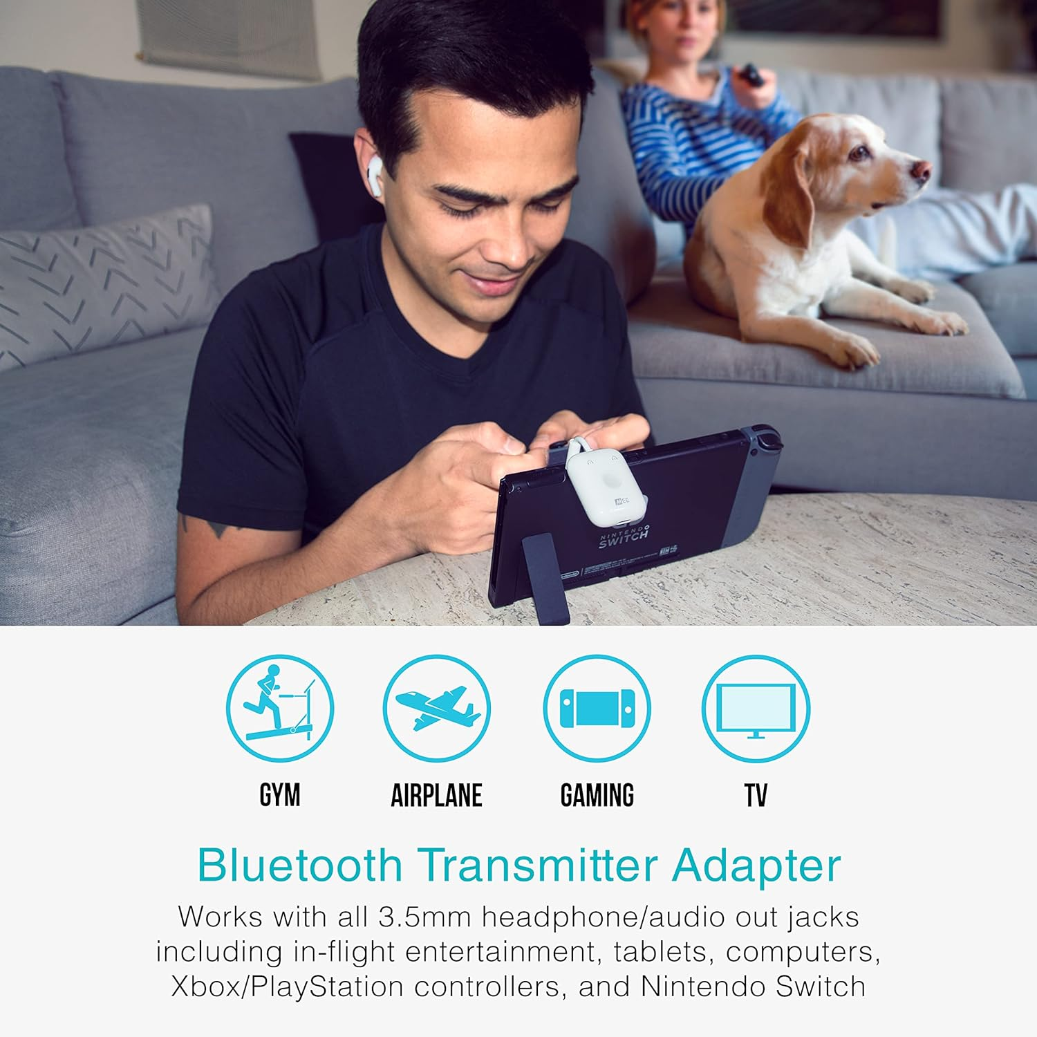MEE Audio Connect Air In-Flight Bluetooth Wireless Audio Transmitter Adapter for up to 2 Airpods/Other Headphones; Works with All 3.5Mm Aux Jacks on Airplanes, Gym Equipment, Tvs, & Gaming Consoles