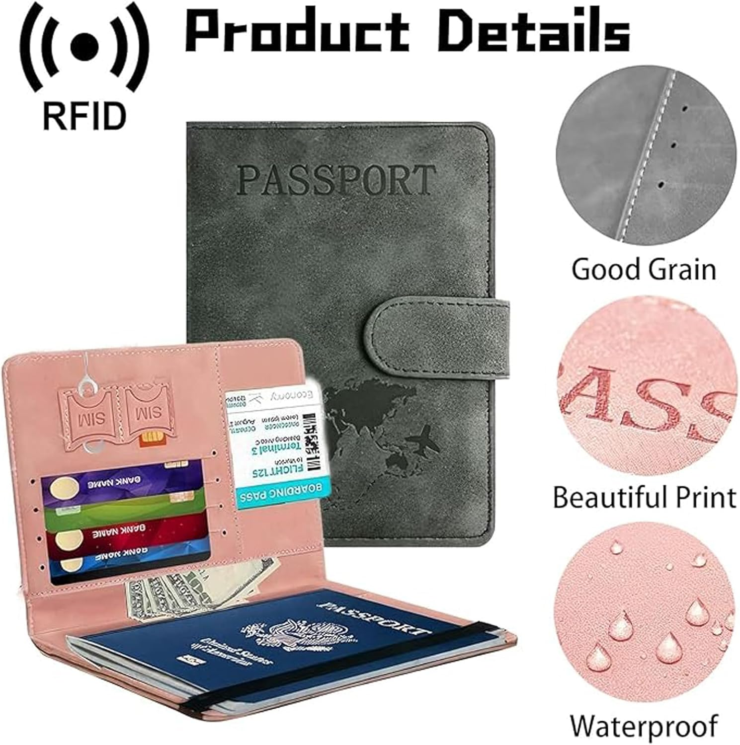 PU Leather Passport Travel Holder - RFID - Blocking Document Organizer with Magnetic Closure, MH MOIHSING Passport Wallet Cover Passport Protector for Credit&Id Cards, Boarding Passes Men&Women (Pink) - Black image number 7