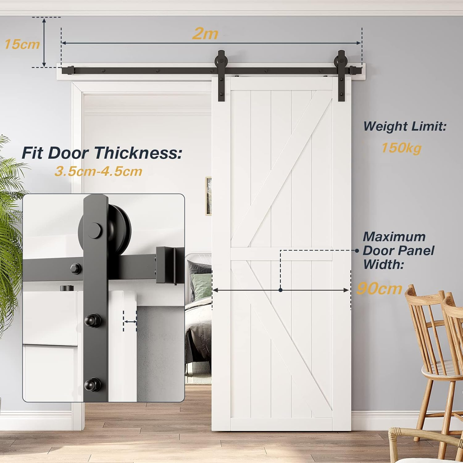 2M Heavy Duty Sliding Barn Single Door Hardware Kit Damper Track Rail Roller System image number 1