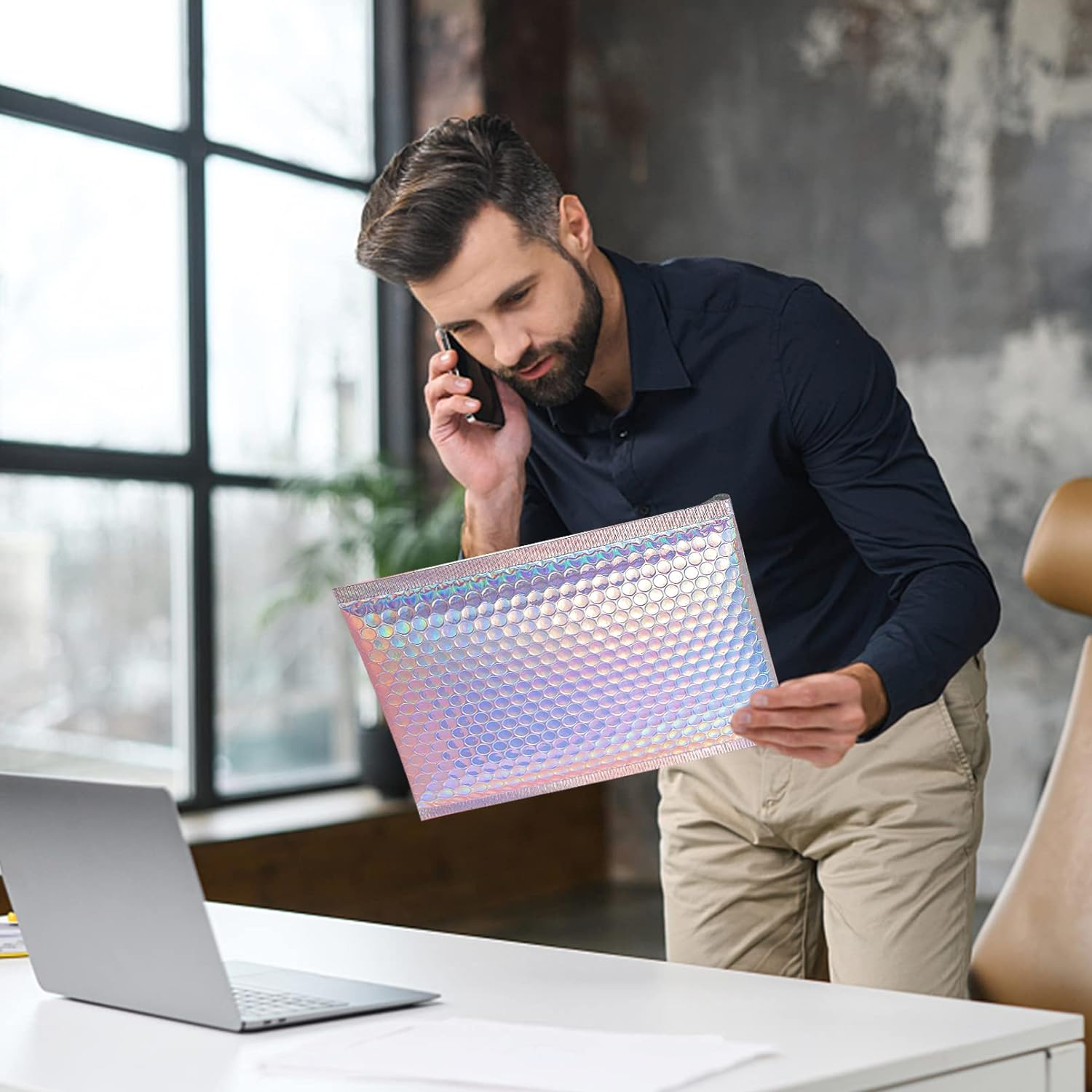 50 Pcs Metallic Bubble Mailers,Poly Padded Envelopes,Waterproof Self Seal Adhesive Shipping Bags,Foil Glitter Glamour Shipping Mailer,Holographic Cushion Envelopes for Mailing,Packing,Small Business - Rainbow Color image number 4