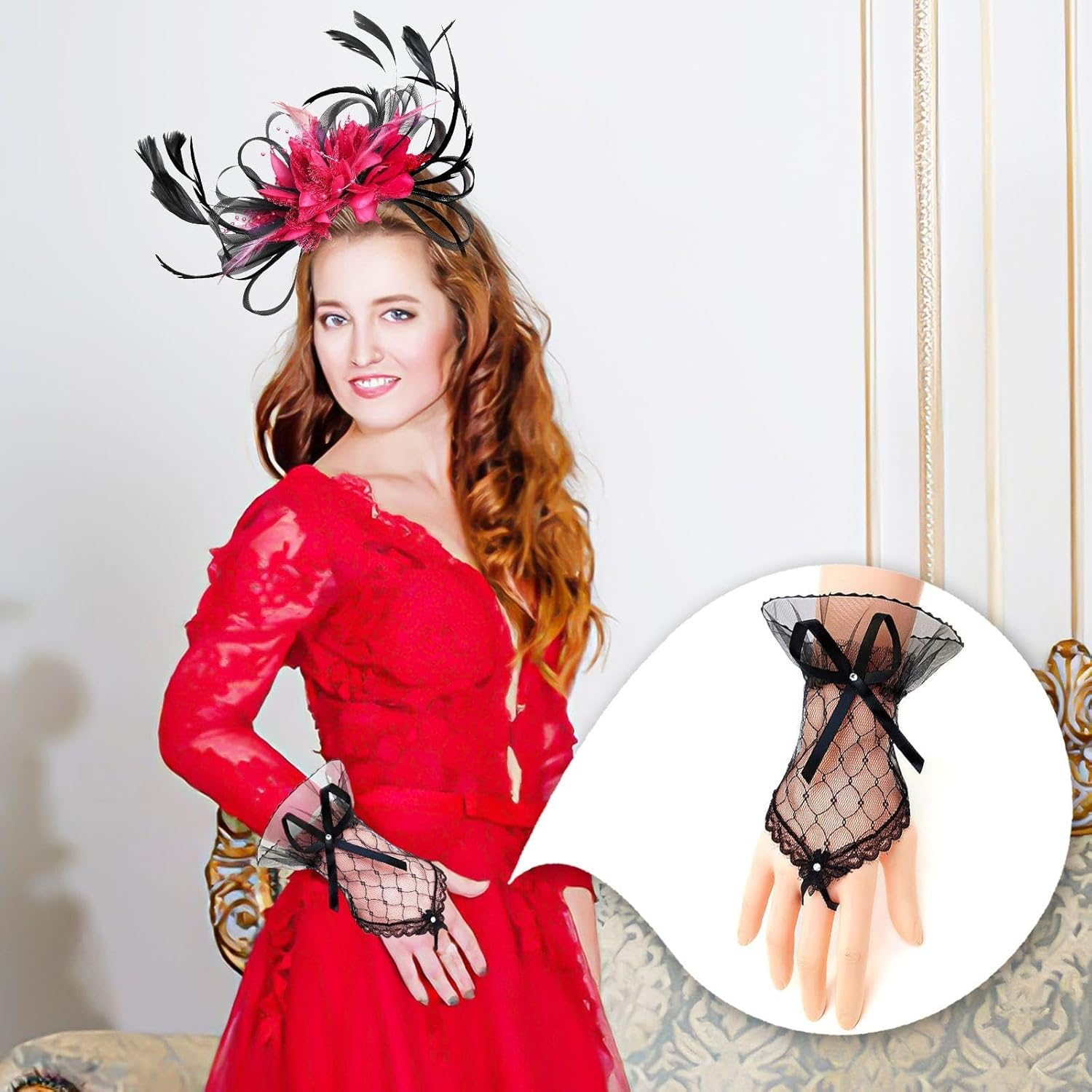 1 X Flower Feather Headband and 1 Pair of Black Gloves, Elee Retro Hair Accessories, Party Clothing Accessories image number 2