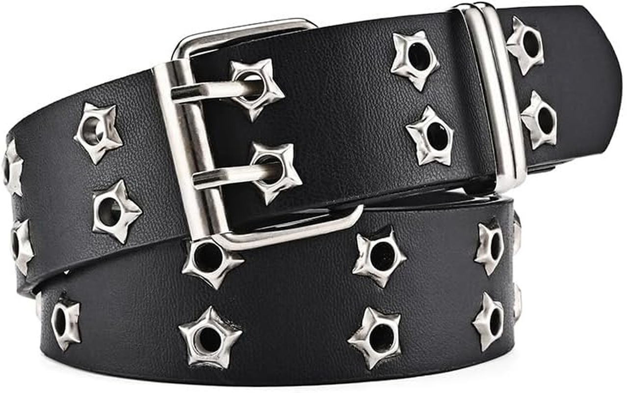 EMMIOL Studded Y2K Women Belts for Jeans, Ladies Leather Belt Trendy Goth Star with Silvery Buckle, Waist Belt Punk for Dress