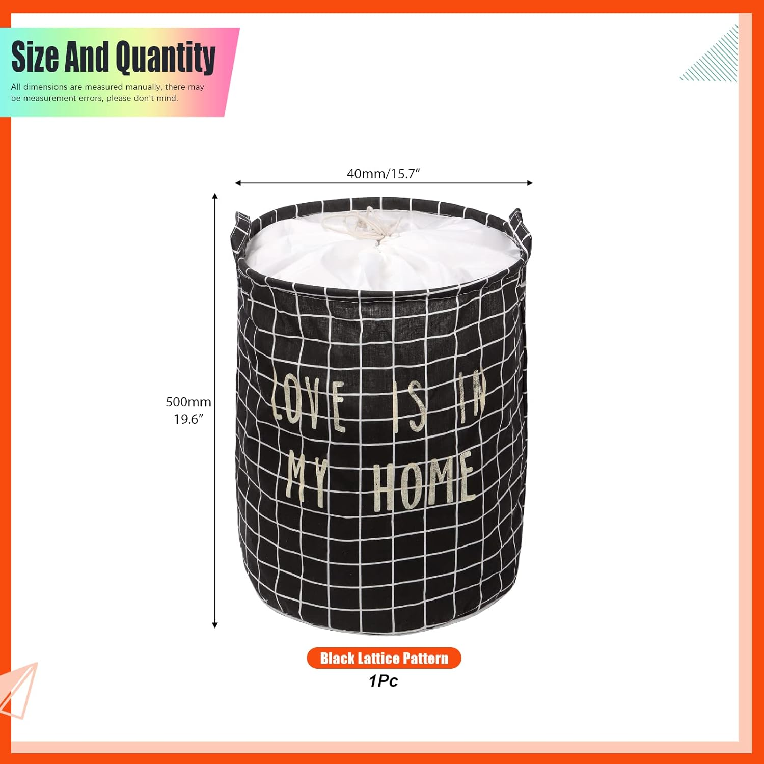 Tanstic 1Pc Freestanding Laundry Basket with Black Lattice Pattern, Foldable Large Drawstring Clothes Hamper Collapsible Fabric Bag with Leather Handle for Clothes Washing (15.7X19.6 Inch) image number 5