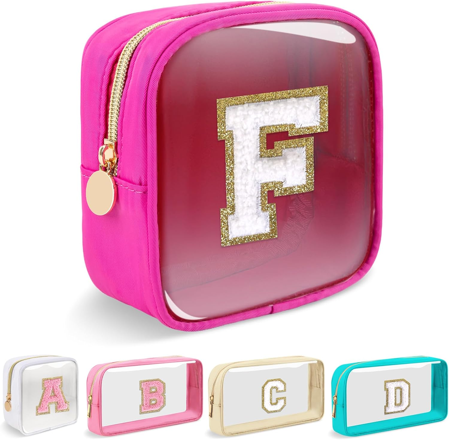 Mini Clear Personalized Initial Makeup Bag, Nylon Preppy A-Z Chenille Letter Patch Zipper Cosmetic Bag, Small Cute Pouch Travel Coin Purse Toiletry Bag, Mini-Hotpink, F image number 5