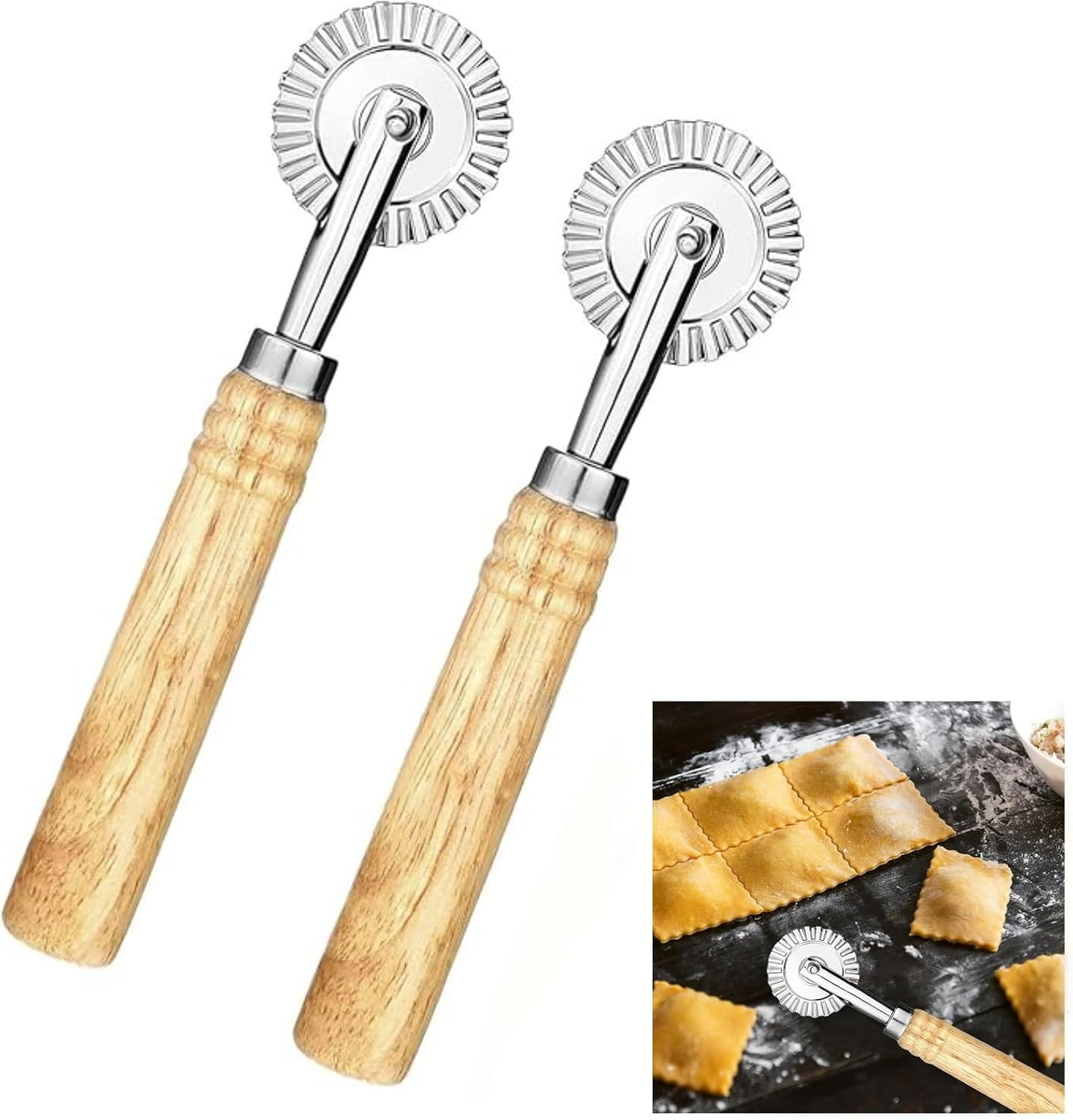 Pastry Wheel Cutter 2 PCS, Zinc Alloy Dough Ravioli Cutter Wheel with Roller, Making for Home and Kitchen,Pasta Cutter Wheel with Long Wooden Handle image number 2