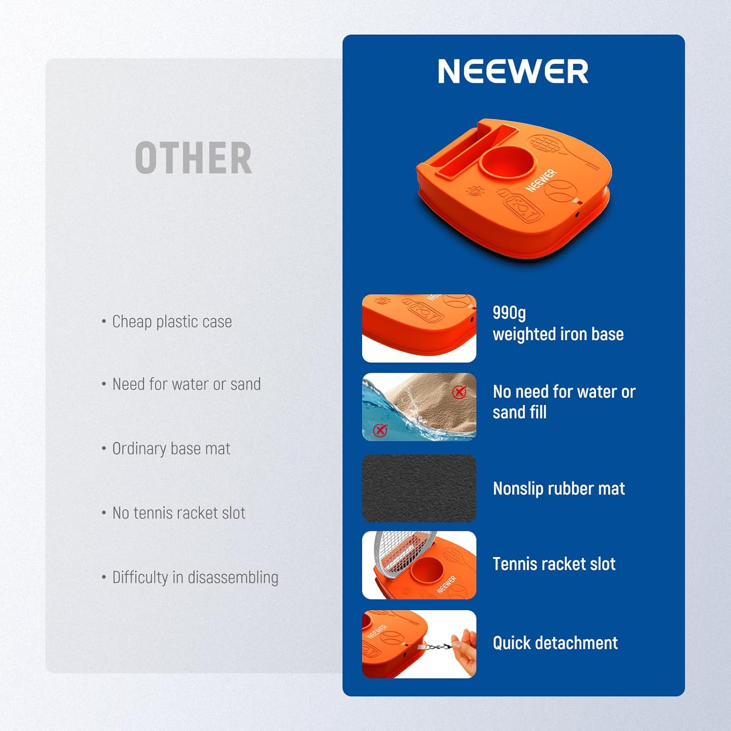 NEEWER Portable Solo Tennis Trainer Rebound Ball Set with Nonslip Weighted Iron Base, Racket Holder, 3X Elastic String Tennis Ball, Self Practice Rebounder for Adults, Kids & Beginners, TB01T image number 2