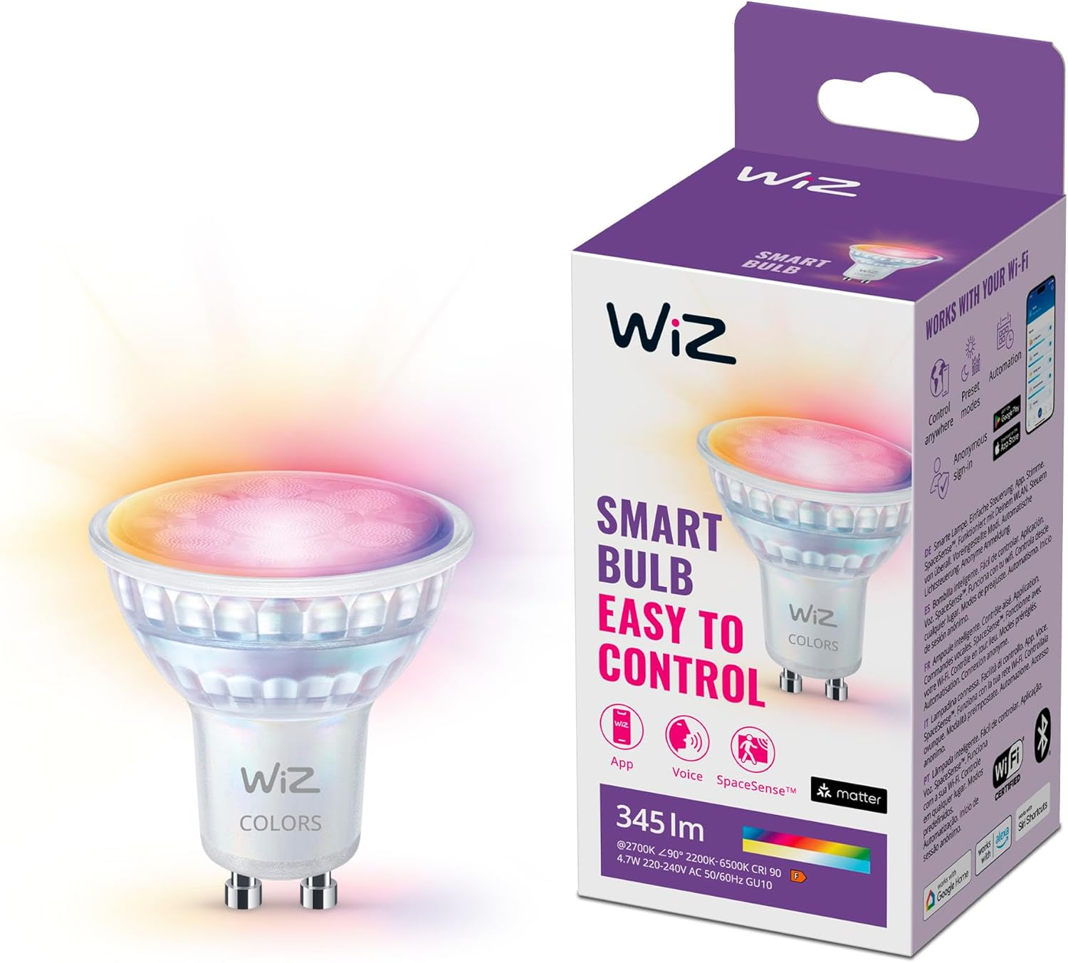 Wiz GU10 Smart LED Lamp in Glass Design - 50 W with 16 Million Colours + White Shades, Wifi/Bluetooth, Voice/App Control, Works with Google Home, Alexa and Homekit