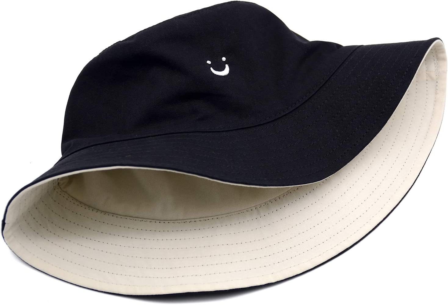 Bucket Hat Unisex 100% Cotton Smile Face Embroidery Reversible Hat Travel Bucket Beach Sun Hat Outdoor Cap
