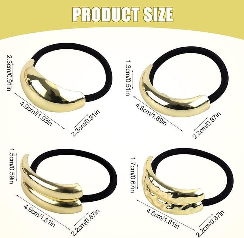 Gold Geometric Hair Ties, 4Pcs Metal Geometric Elastic Hair Ties Gold Hair Cuffs,Metal Hair Tie Ponytail Hair Cuff,Metal Geometric Elastic Hair Ties,Metal Geometric Elastic Hair Ties Gold Hair Cuffs image number 4