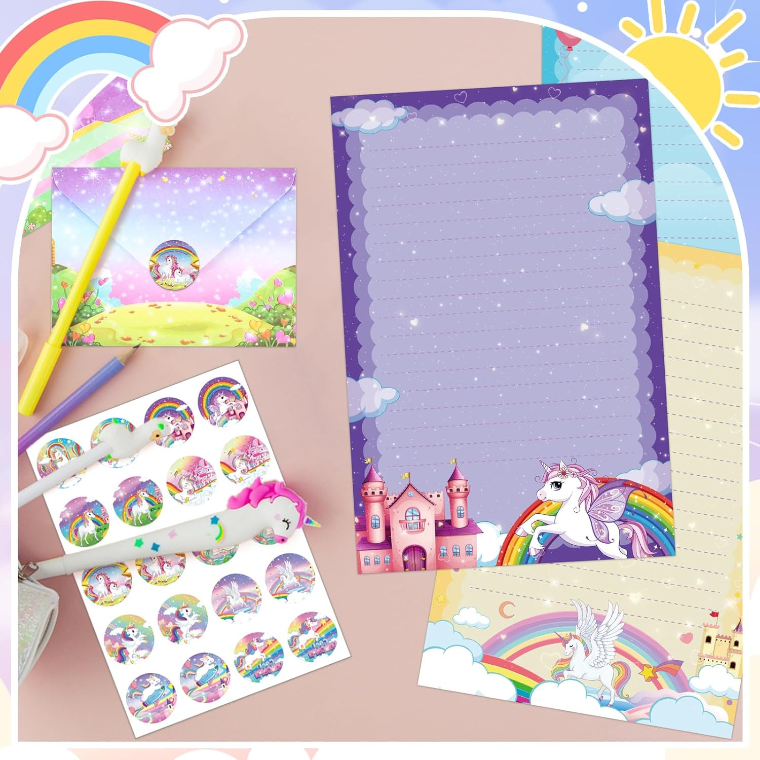 Taobary 160 Packs Mini Rainbow Unicorn Stationery Paper Set 50 Double Sided Stationery Writing Papers Matching Envelopes and 60 Unicorn round Dot Stickers, 5.5 X 8.25 Inch, 10 Designs image number 4