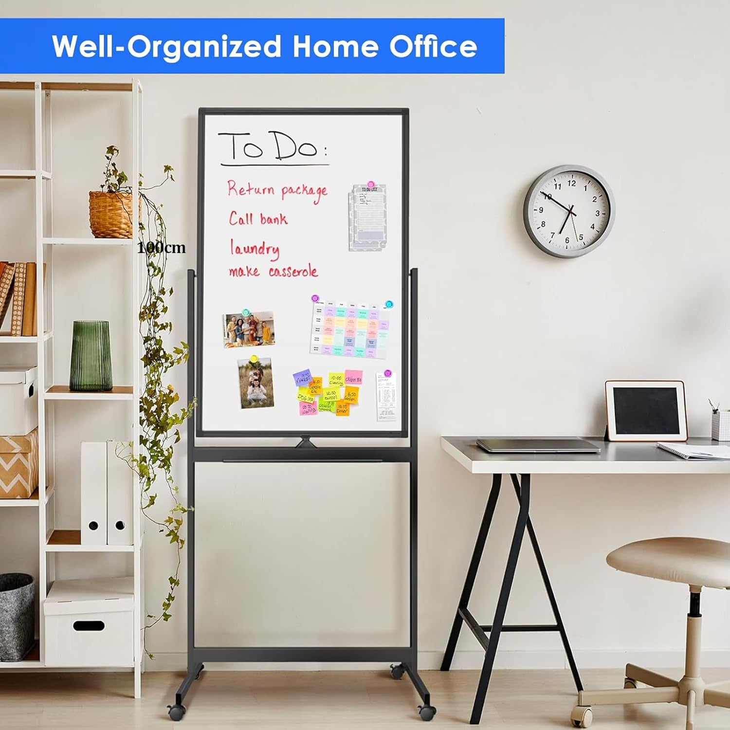 60X100Cm Magnetic Mobile White Board, Double Sided Dry Erase Board Rolling Whiteboard, Standing Whiteboard on Wheels for Home Office Classroom & Home, Black image number 4